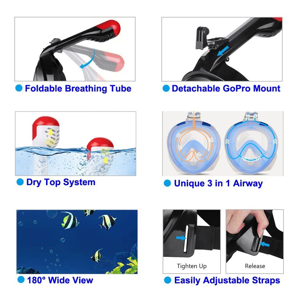 VEY Full Face Snorkel Mask, Foldable 180° Panoramic View Easy Breath Compatible Scuba with Anti-fog and Anti-leak Diving Gear for Adult and Youth (Black, S/M)