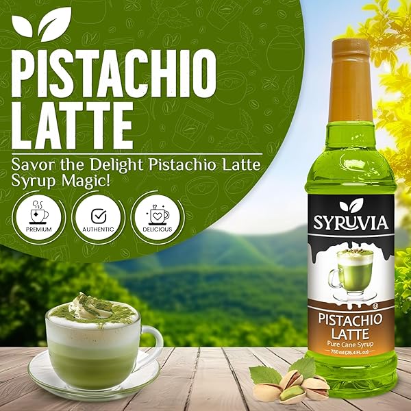SYRUVIA COFFEE SYRUP, PISTACHIO LATTE FLAVORED SYRUP FOR DRINKS, LATTES, AND DESSERTS – 25.4 FL OZ