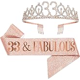 UVATAHONA 33rd Birthday Sash and Tiara for Women, 33 & Fabulous Birthday Sash and Crown for Party Favors Supplies and Decorations, Rose Gold