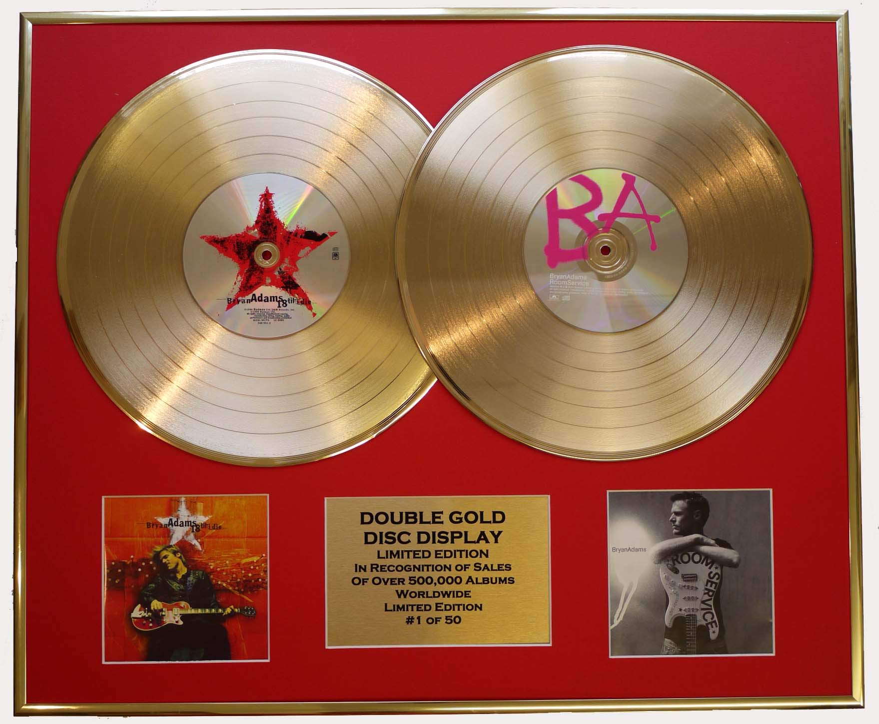 BRYAN ADAMS/DOUBLE CD GOLD DISC DISPLAY/LTD. EDITION/COA"18 TIL I DIE" &"ROOM SERVICE"
