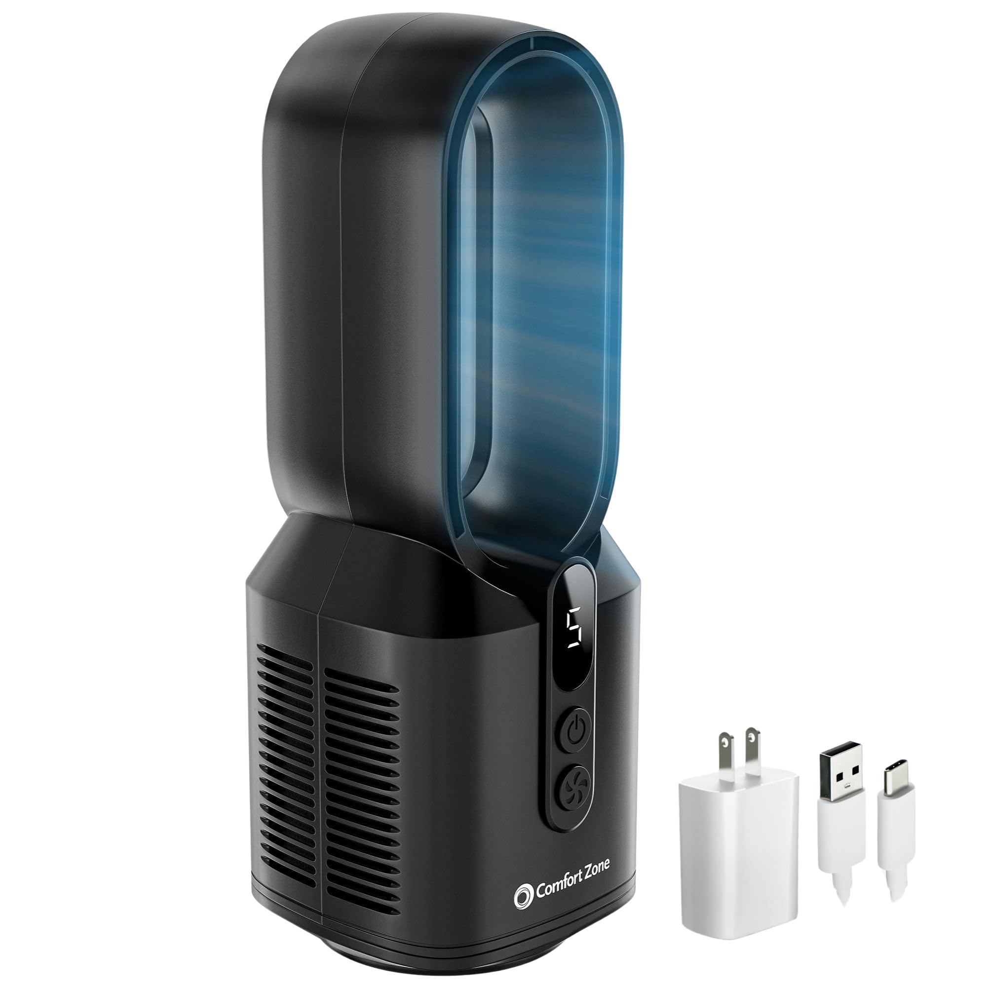 Photo 1 of (MISSING POWER CORD) (NO BOX OR BAG) Comfort Zone 14-Inch Rechargeable Bladeless Tabletop Fan with 5 Speeds, Display Screen, Non-Slip Feet, Quiet Operation – Portable Personal Fan for Bedroom, Home, or Office, Black