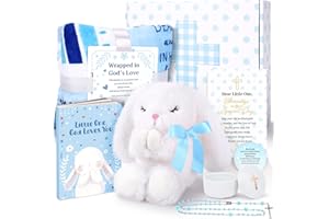 LOMEVE Baptism Gifts for Boy, Christening Gift Set for Baby Boys, Baby Dedication Gift, Includes Bunny Stuffed Animal, First Rosary Beads, Prayer Book, Keepsake Blanket, Catholic Baptism Gift Basket