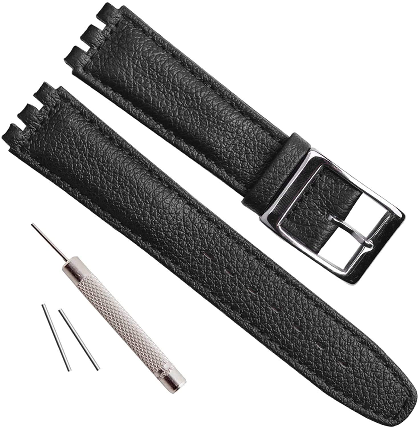 OliBoPo Alligator Grain Cow Leather Stainless Steel Buckle Watch Band Strap for (17mm, Black Stitch/Black)