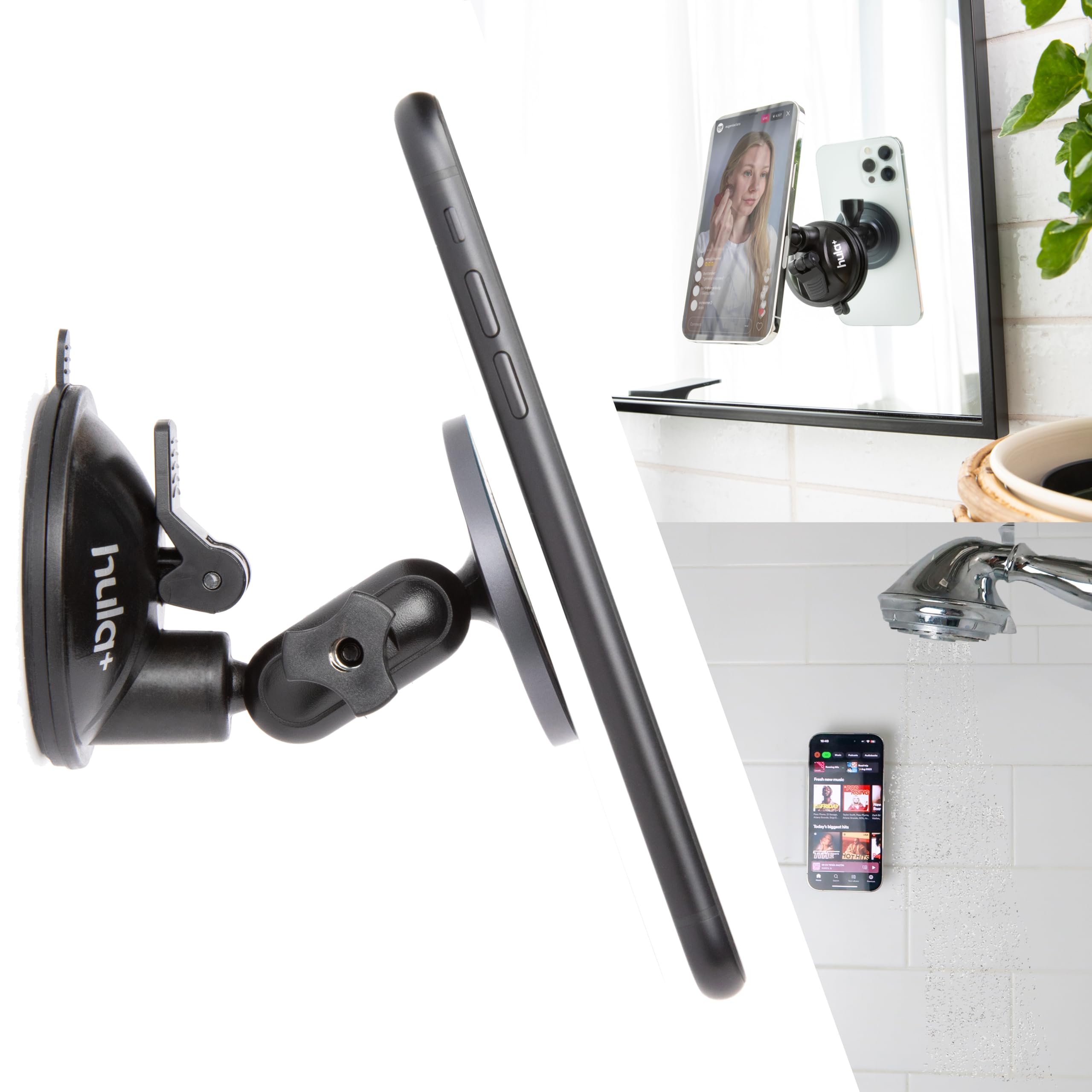 hula+ MagSafe Phone Holder Portable Mount, Reusable Stand for Shower, Mirror, Kitchen, Window, & Bathroom Compatible with MagSafe Adjustable Rotation for Content, TikTok, Movies & Music