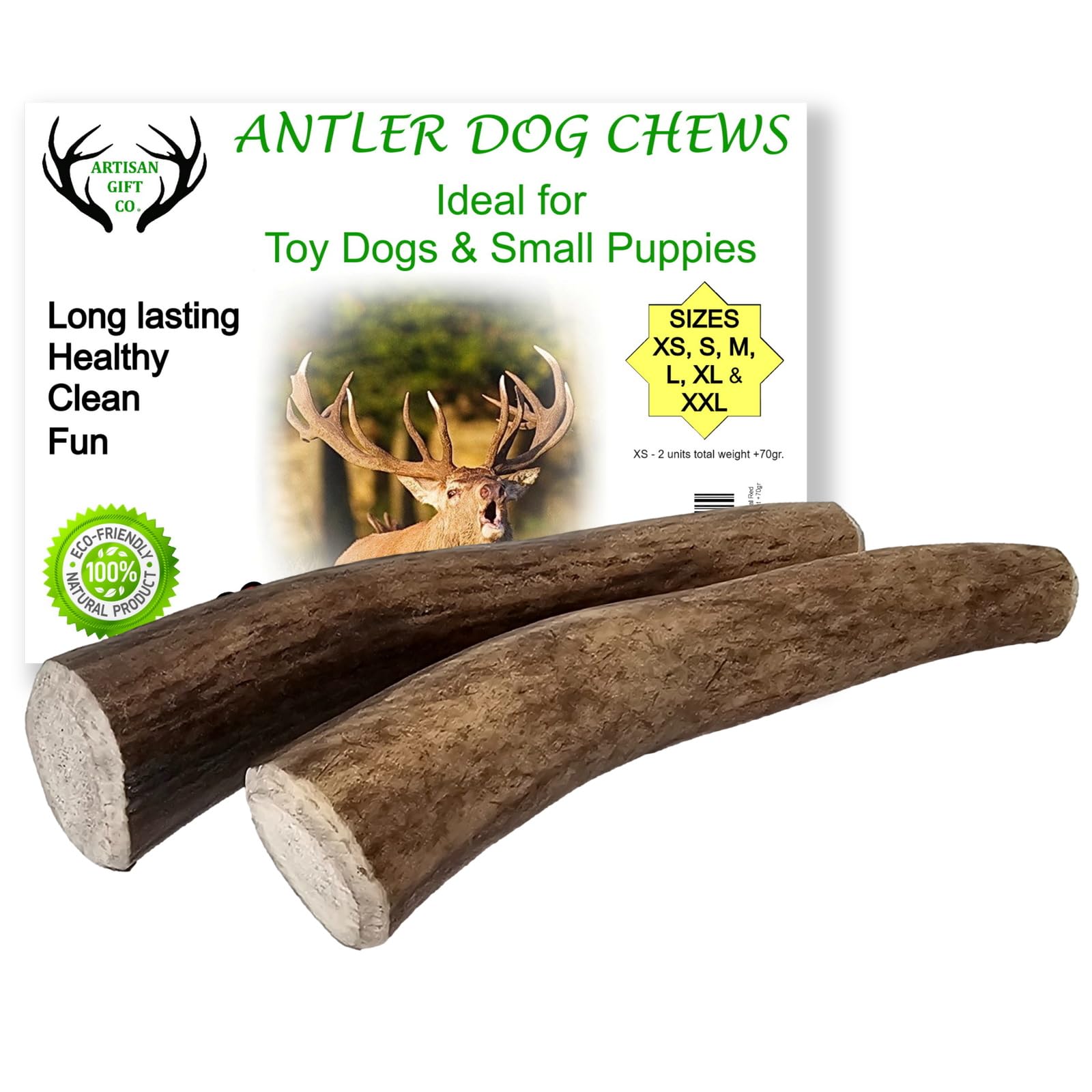 ARTISAN GIFT CO Naturally Shed 100% Natural Premium Deer Antler Chew for Dogs - minimum pack weight 70g (XS - 2 Units)