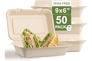 HARVEST PACK GOURMET SHOWCASE [50 COUNT]Harvest Pack PFAS FREE 9 X 6" Compostable Clamshell Food Containers, Heavy-Duty Hinged Container, Disposable Bagasse Eco-Friendly Natural Takeout to go Box, Made from Sugarcane Plant
