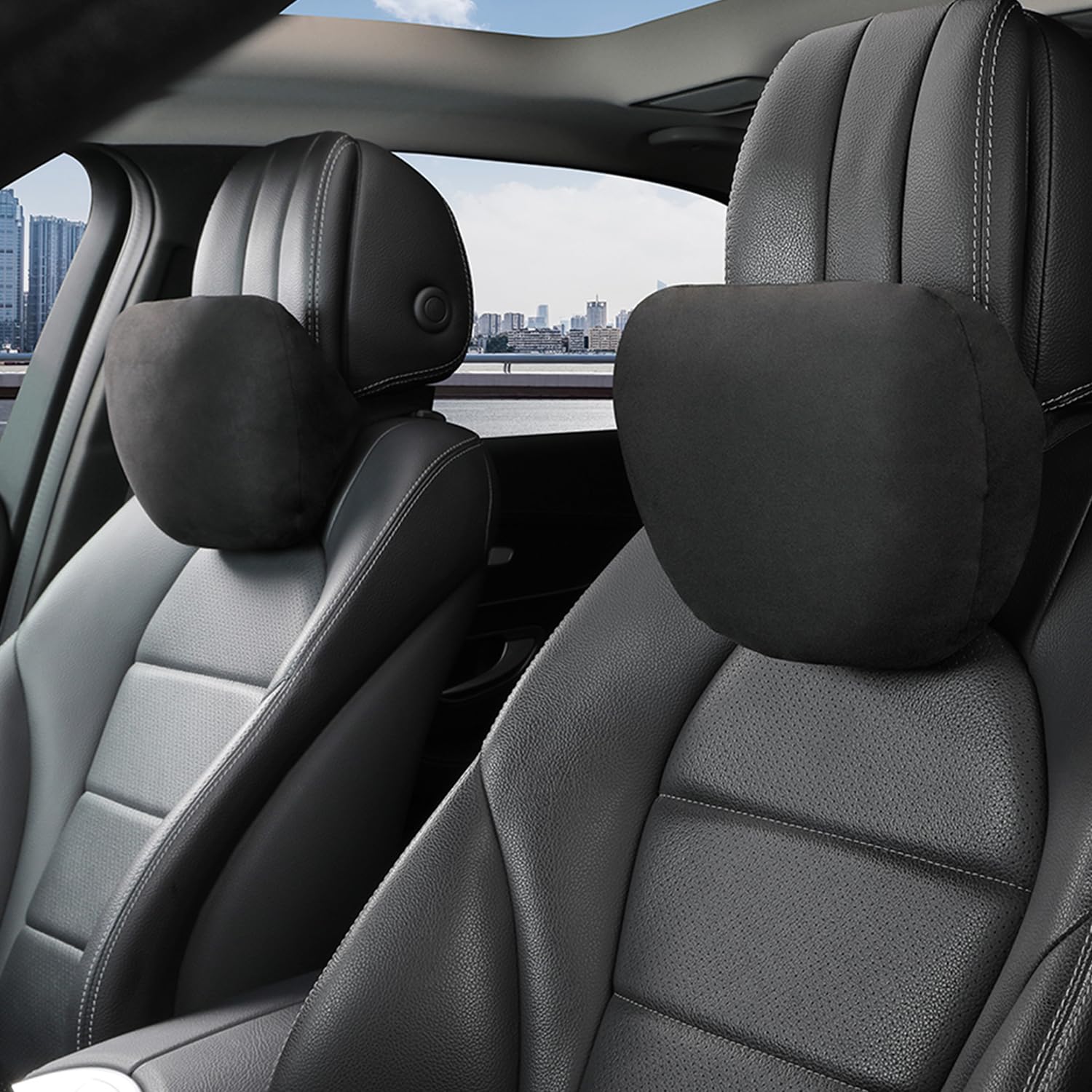 Photo 1 of (PARTIAL SET) (BAGGED) POKSRI Car Neck Pillow for headrests, Superfiber Suede Support Head Pillows,Plant-Based Polyester,11.8x7.5 refillable&Multiple&Adjustable Drive Vehicle Cushion Seats(Black Color,Neck Pillow 2pcs)