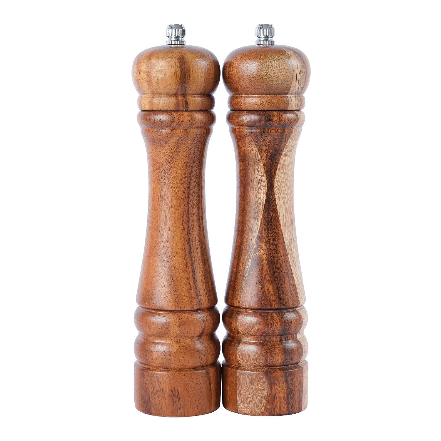 DeroTeno Salt and Pepper Mill Set, Set of 2 Pepper Grinders with Adjustable Ceramic Grinder, Acacia Wood, Height 21 cm