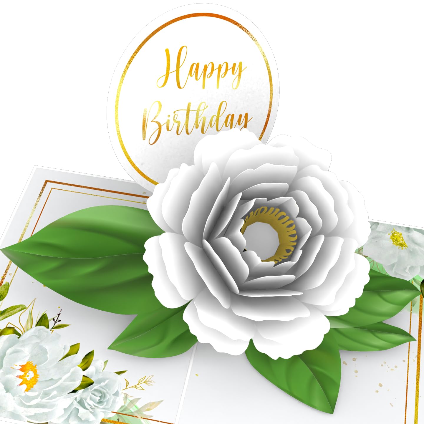 LIMAH® Happy Birthday Pop-up 3D Geburtstagskarte zum Geburtstag für Frau, Freundin, Oma - kombinierbar mit einem Gutschein, Geschenk, oder Blumenstrauß - Motiv. Weiße Blumen mit grüner Deko