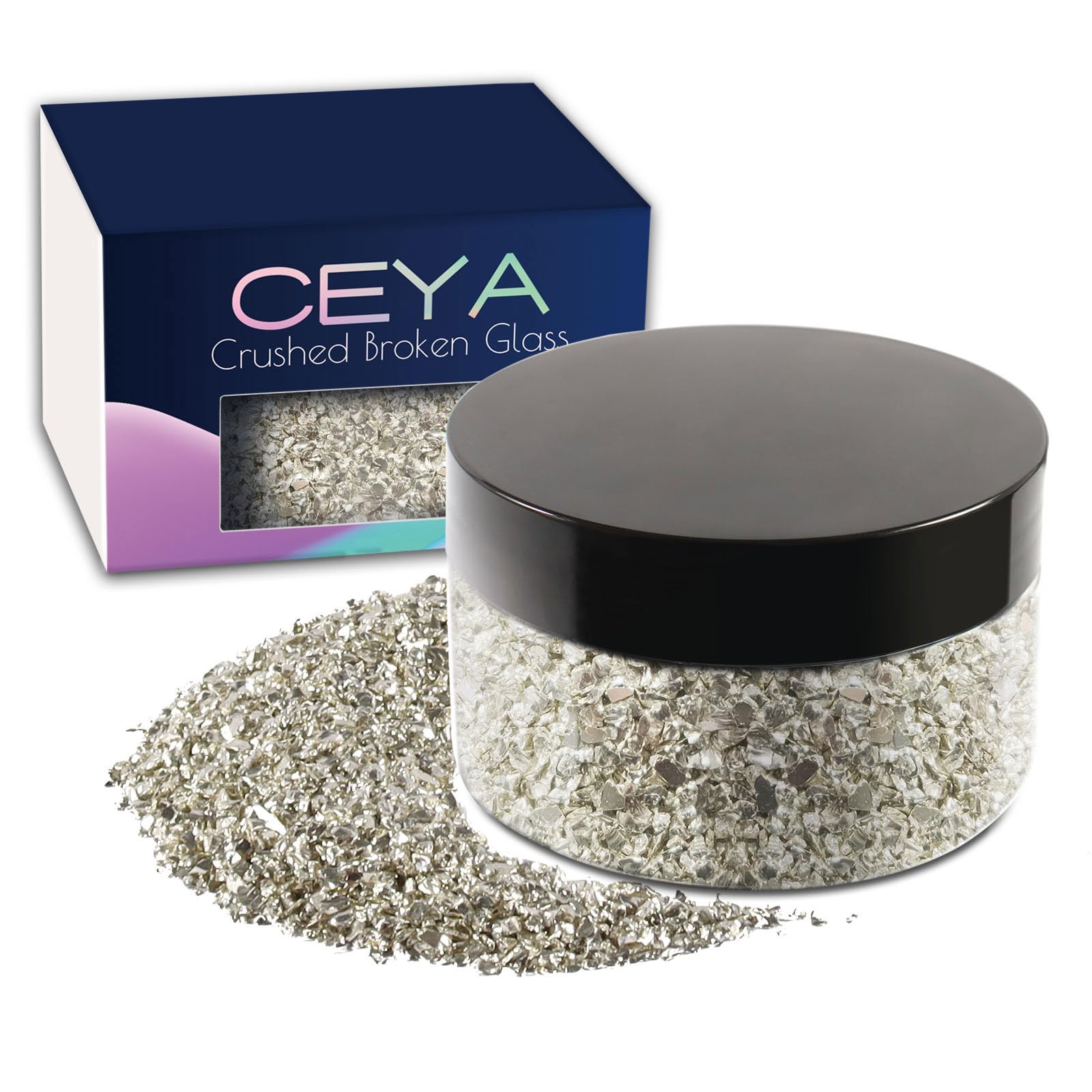 Ceya 5.3oz/ 150g Crushed Irregular Glass Silver Metallic Crystal Chips Broken Glass Glitter 2-4mm Craft Glitter for Nail Arts Epoxy Resin Mold Coasters Ornament Painting Geode Phone Case Jewelry — image 1