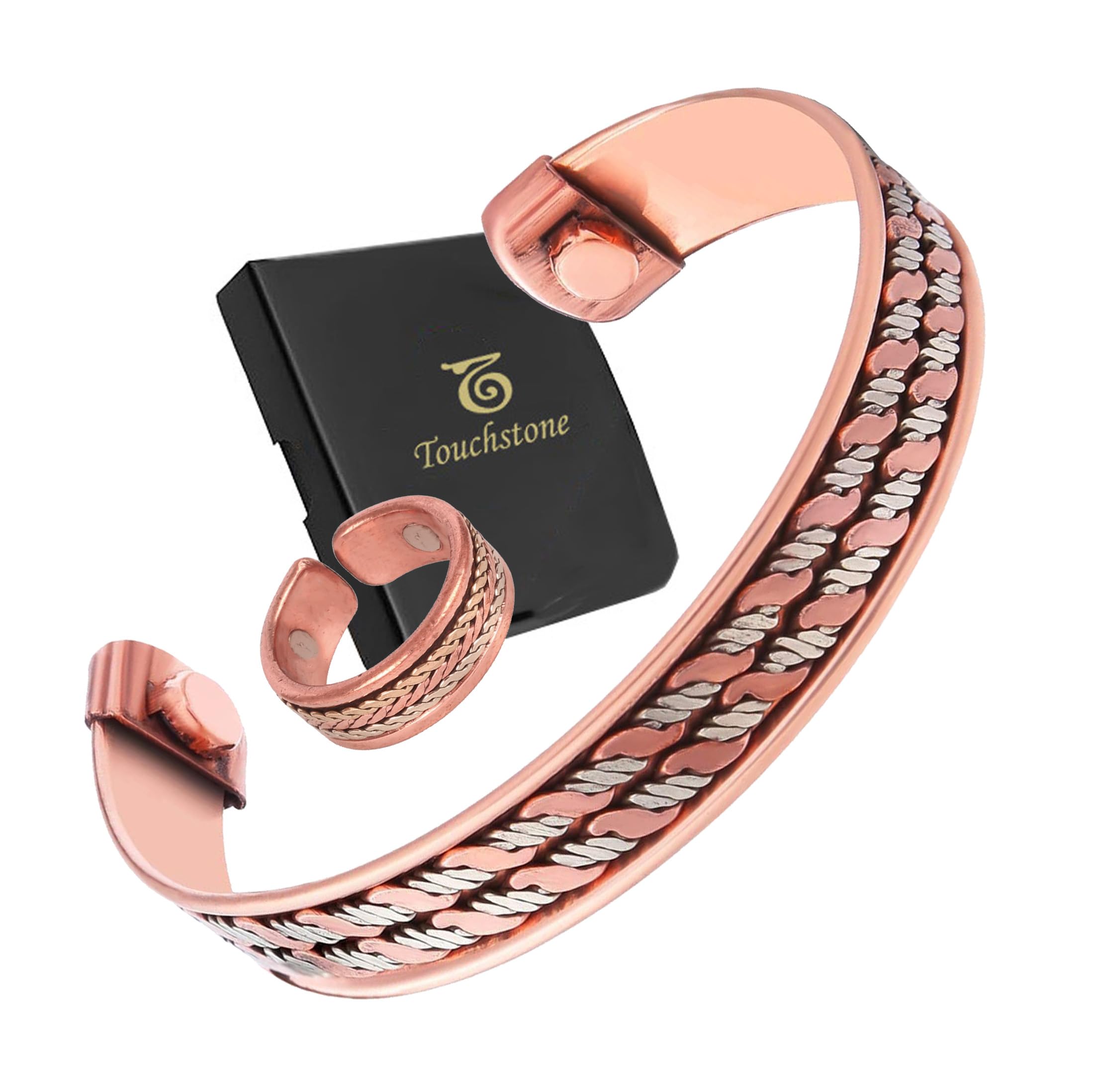 Touchstone Copper Magnetic Hand Forged With Solid And High Gauge Spiral Wire Braided Minimalistic Elegance Pure Copper Bracelet And Matching Ring In Triple Tones.
