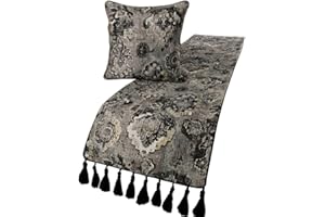 The HomeCentric Designer Black & Grey King 90 x 18 inch Bed Runner with 2 Pillow Cover Set, Velvet Damask with Tassels Bed Scarf, Abstract Modern - Paved Damask