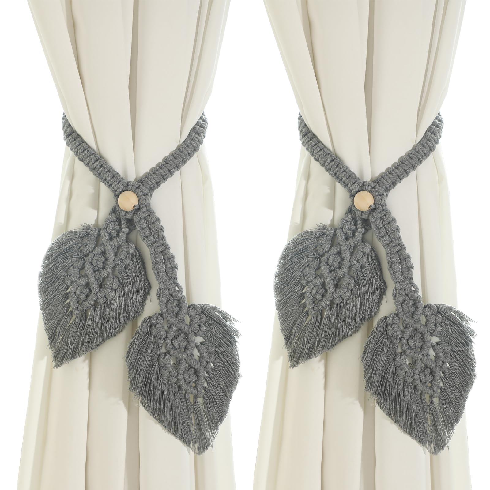 Photo 1 of 2 Pack Boho Curtain Tiebacks Macrame Holdbacks, Handmade Adjustable Curtain Tie Back Holders for Drapes Window, Elegant Gray Leaf Wall Decor for Indoor Outdoor Use