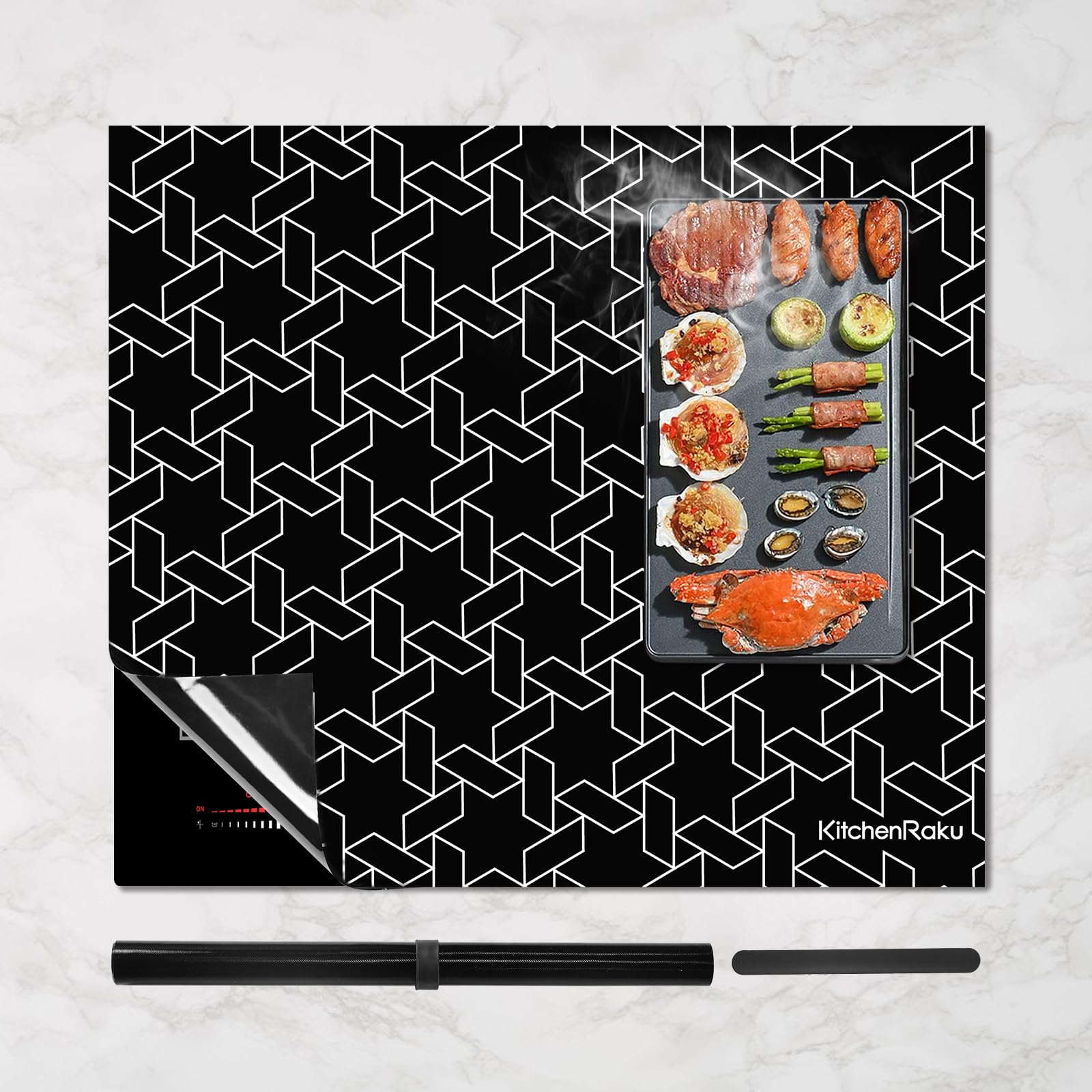 KitchenRaku Large Induction Hob Protector Mat 61x53cm, (Magnetic) Silicone Induction Cooker Covers, Electric Cooker Scratch Protector for Induction Stove (Black Interlaced Squares)