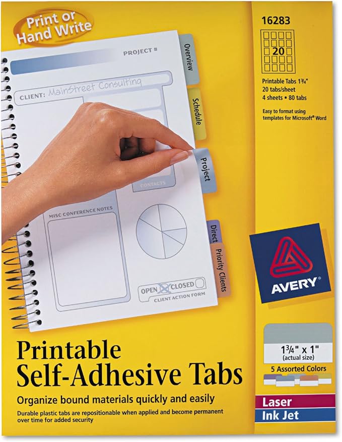 Amazon Com Avery 16283 Printable Tabs Self Adhesive 80 Pk 1 3 4 Inch Assorted Index Tabs Office Products