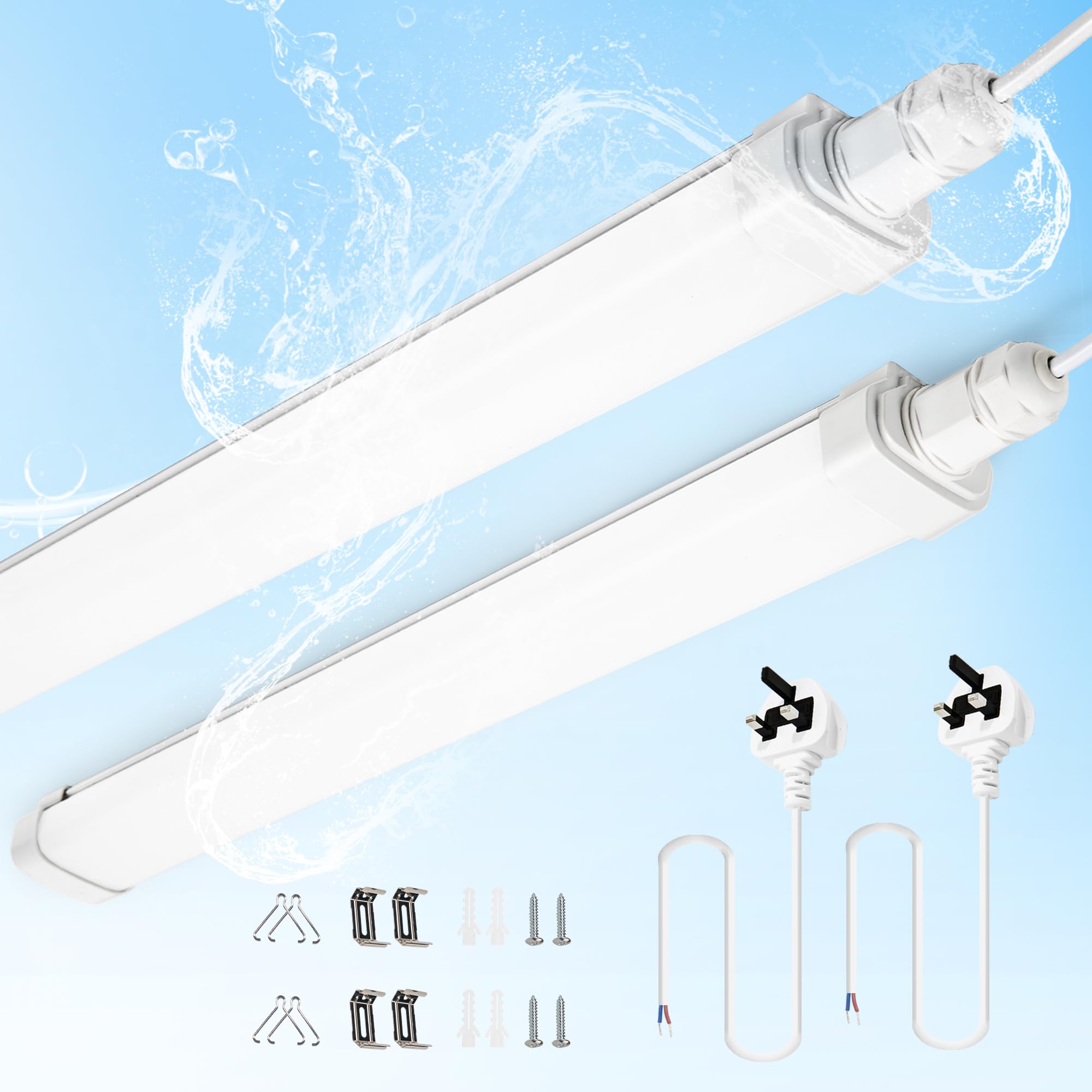 BrightFly 4FT LED Batten Light, 3420lm 6500K IP65 Waterproof Plug-in Ceiling Light for Shed Loft Workshop Office Bedroom Kitchen (2-Pack)