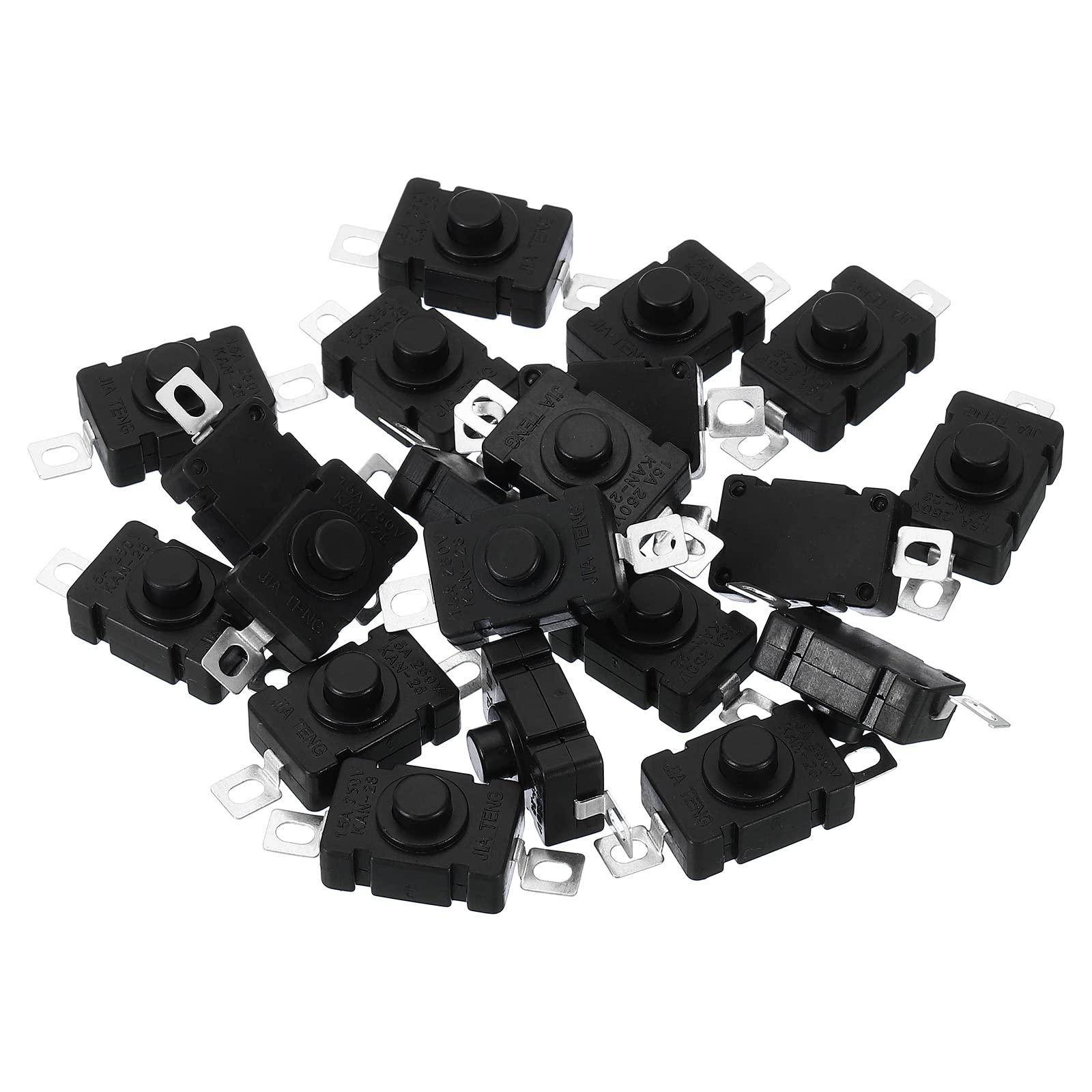 PATIKIL Latching Push Button Switch, 20 Pcs KAN-28 Flat Pin with Hole On/Off Self-lock AC 250V 1.5A Micro Switch for Flashlight Light Wall Outlet, Black