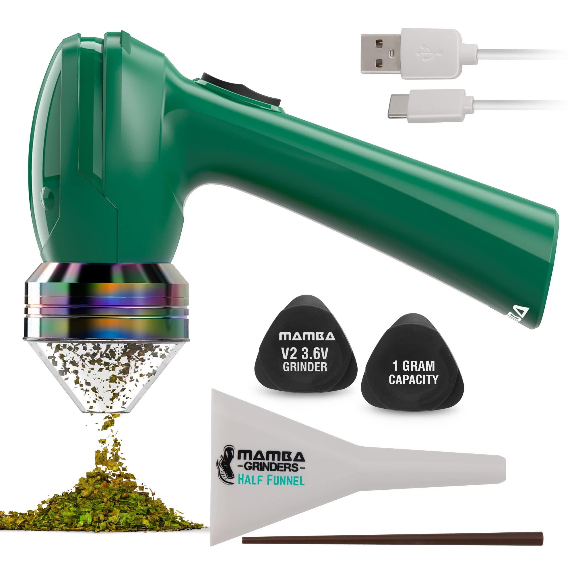 Mamba Electric Herb Grinder – USB Portable Spice Grinder, Original 1g Green Metal, Quick & Easy-to-Use Spice Herb Mill for Kitchen