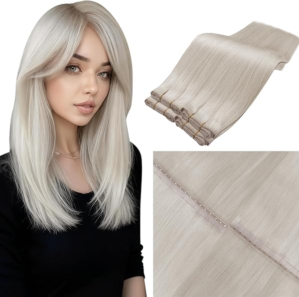LaaVoo Invisible Tressen Extensions Echthaar Zum Einnähen Platinblond Haarverlängerung Echthaar Tressen Platinblond Echthaar Tressen Extensions Remy Haar 40cm 80g #60