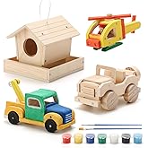 SainSmart Jr. Woodworking Building Kits for Kids with Birdhouse, 4-in-1 Kids STEM Projects Set, DIY Wood Crafts Assembly Toys with Paints & Brushes for Boys and Girls