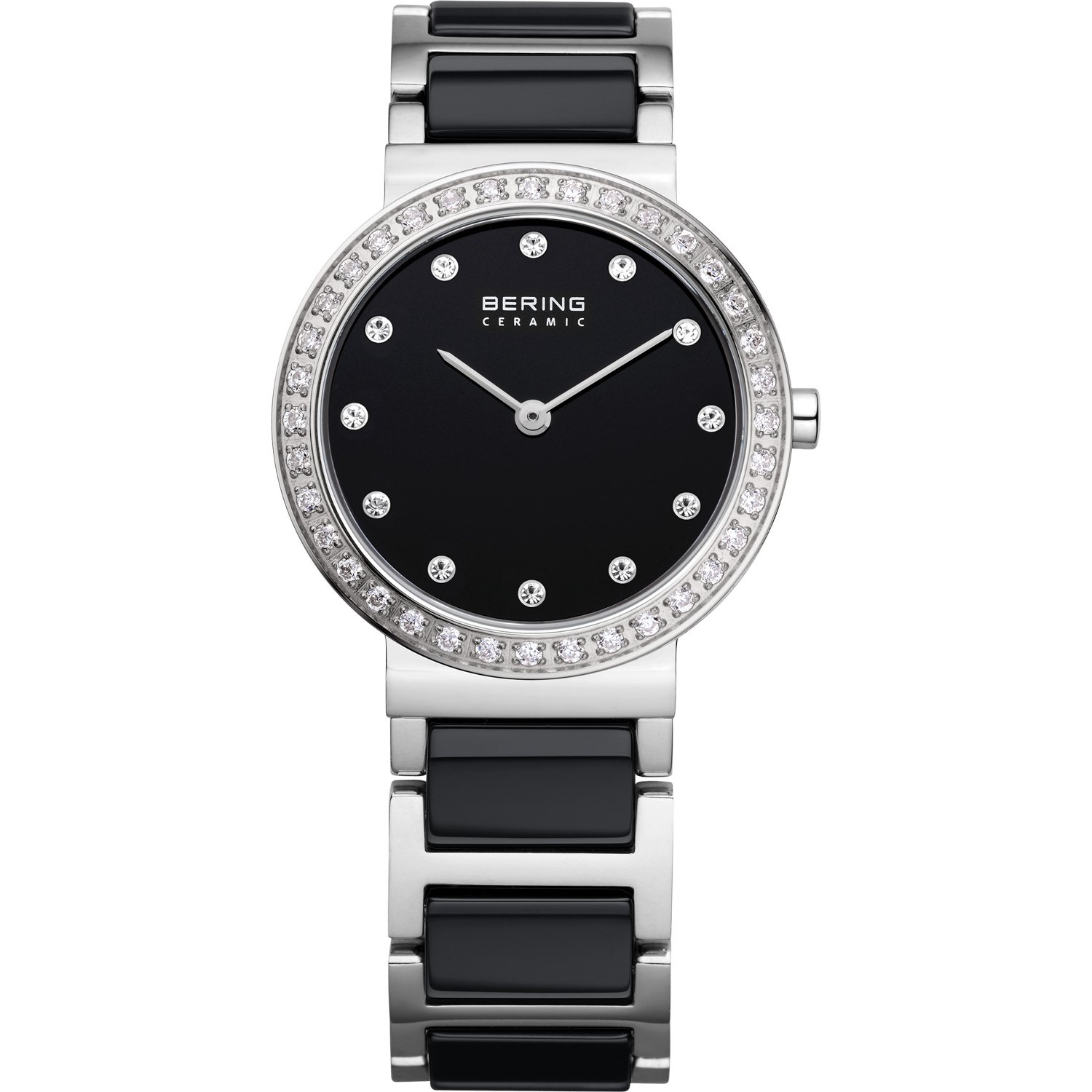 BERING Women's Quartz Watch, 29 mm Silver Stainless-Steel Case and Black Dial, Stainless-Steel Strap with Ceramic Elements, 5 ATM, 10729-702