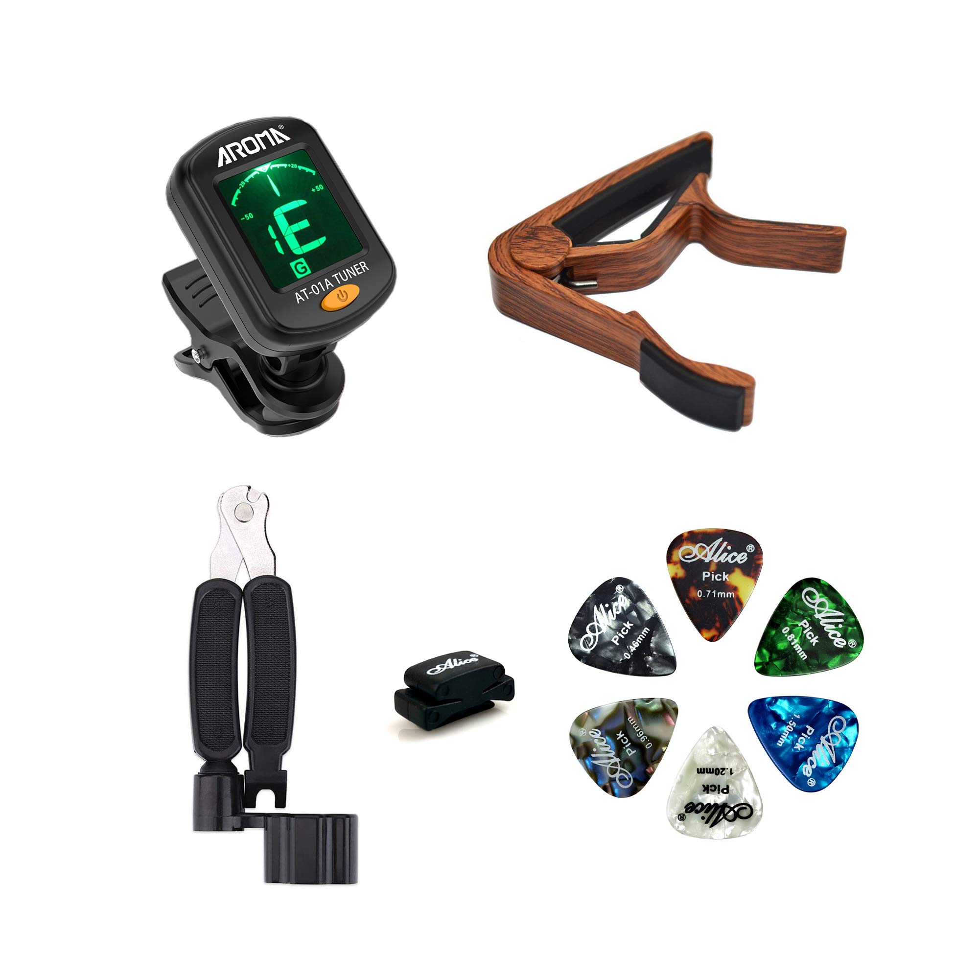 Meeland Guitar Accessories Kit, Clip On Guitar Tuner, Guitar Capo（Rosewood Colour）, Guitar String Winder Cutter Pin Puller 3 in 1 tool, Pick Holder, 6 Guitar Picks(6 Thickness）