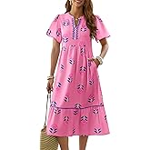 Wenrine Womens Summer Floral Midi Dress Casual Short Sleeve V Neck Flowy Ruffle Boho Beach Sundress with Pockets