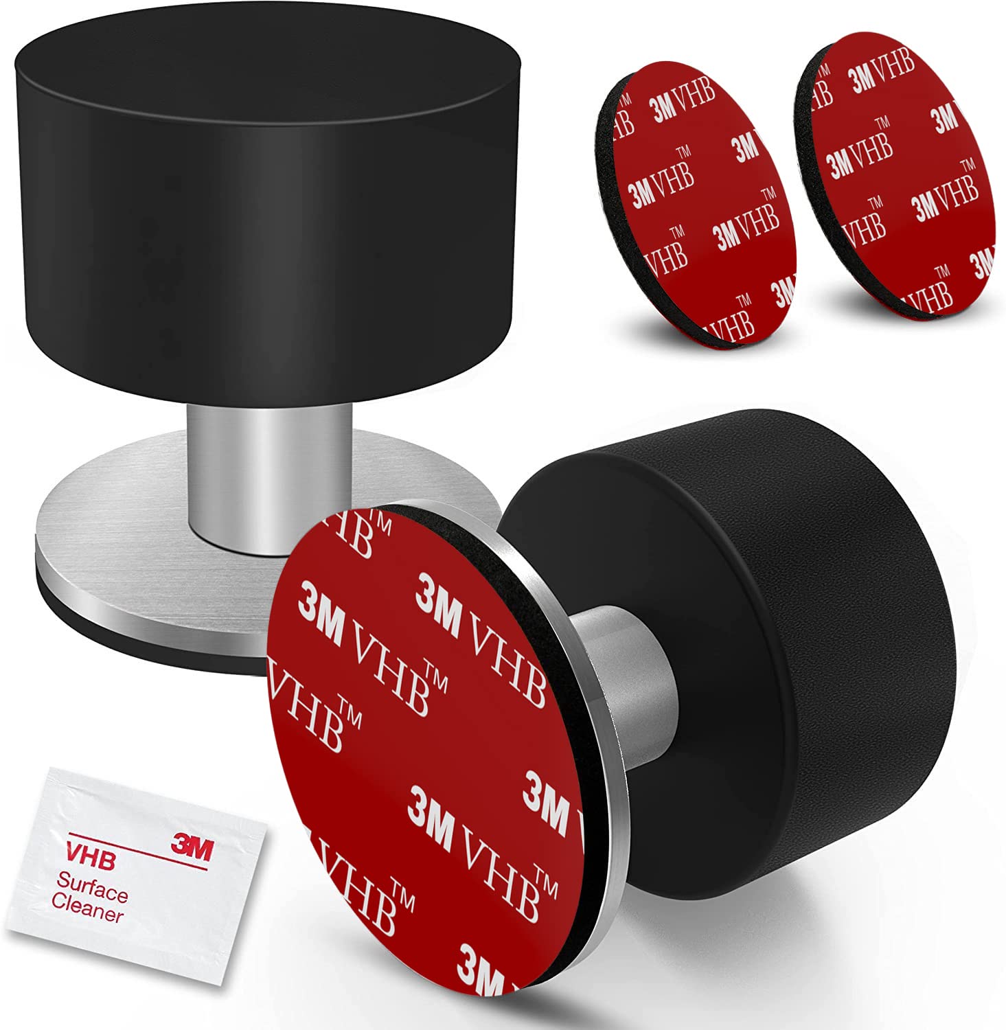 The Dove Factor Pack of 2 Black Self-Adhesive Door Stops, Made of Stainless Steel with Sound Dampening Bumper Top Plus Extra Sticker and Surface Preparation Wipe