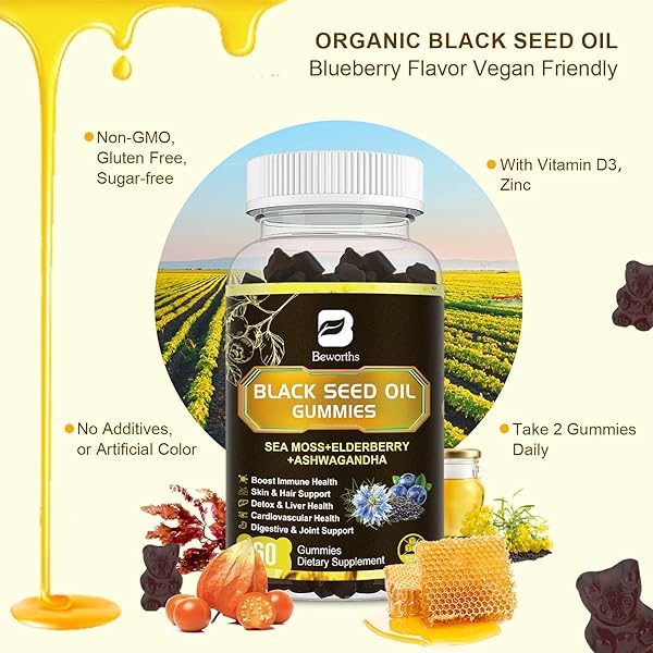 B BEWORTHS BLACK SEED OIL & SEA MOSS GUMMIES, ORGANIC IRISH SEA MOSS GUMMIES WITH ASHWAGANDHA, BLACK SEED OIL, ELDERBERRY, TURMERIC, VITAMIN D3/C AND ZINC – SUPPORT JOINTS, DIGESTION, HAIR & SKIN