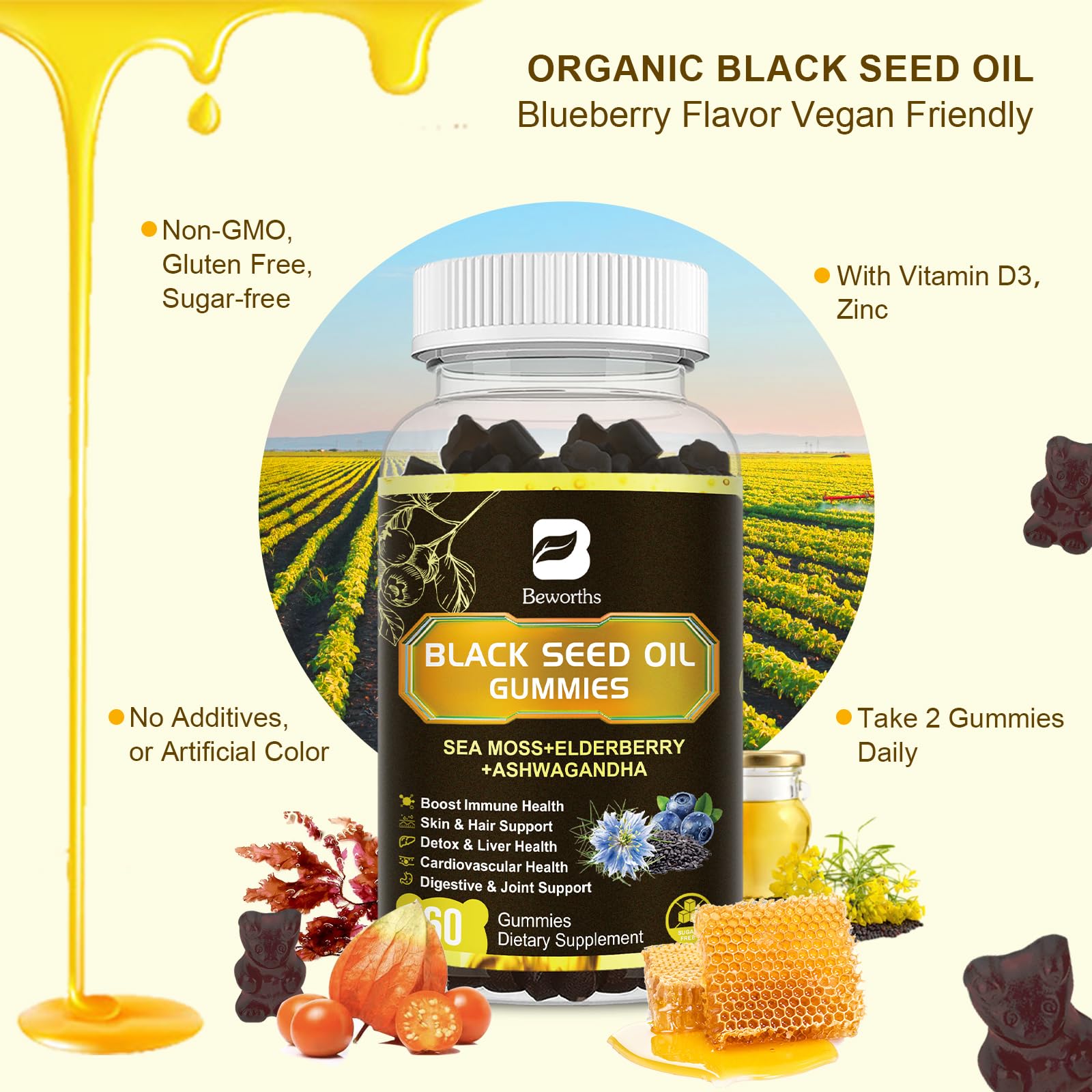 B BEWORTHS Black Seed Oil & Sea Moss Gummies, Organic Irish Sea Moss Gummies with Ashwagandha, Black Seed Oil, Elderberry, Turmeric, Vitamin D3/C and Zinc - Support Joints, Digestion, Hair & Skin