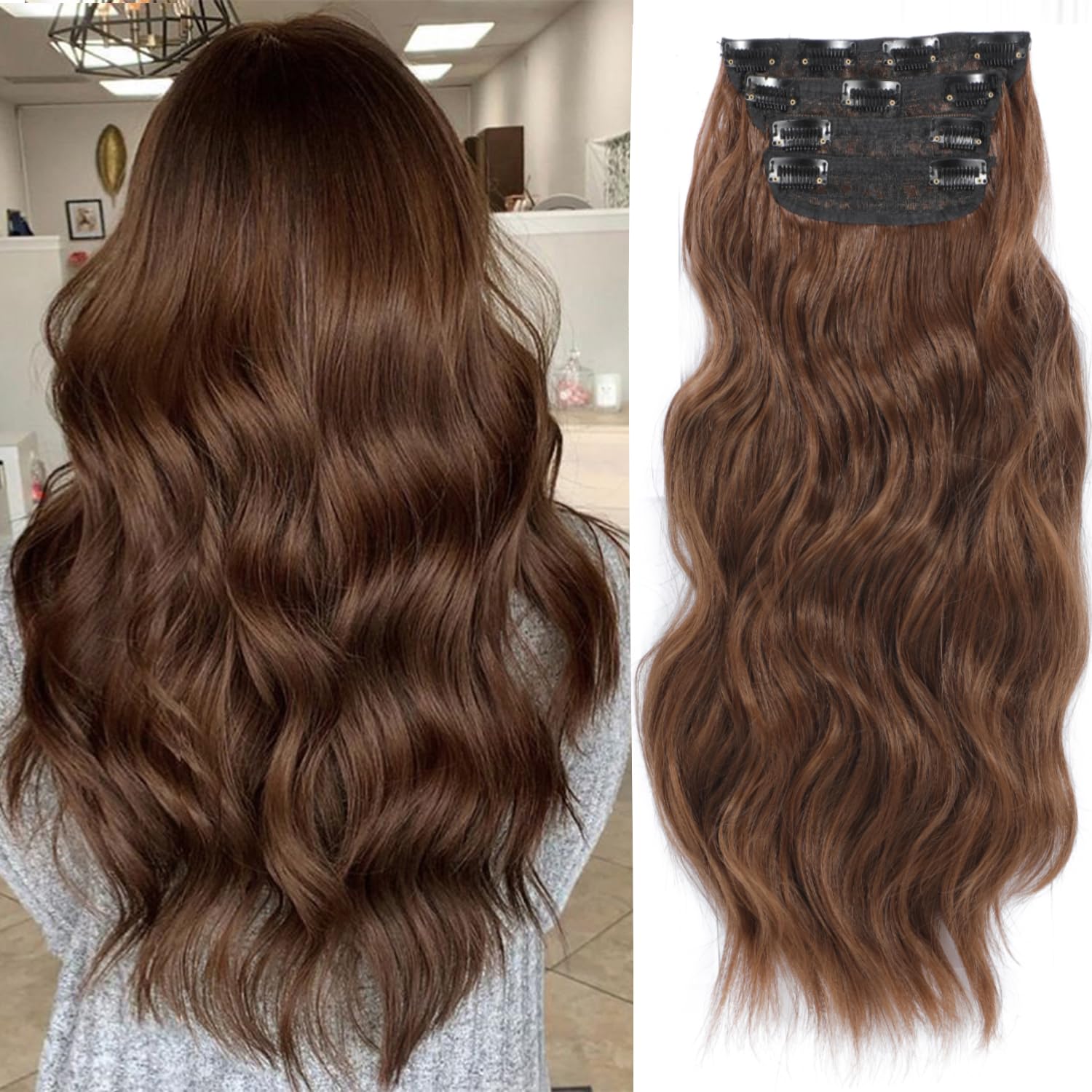 20inch Hair Extensions Clip in Golden Chestnut Brown Hairpieces for Women 4PCS Full Head Set Thick Hair extension Wavy hair Extensions โ image 1
