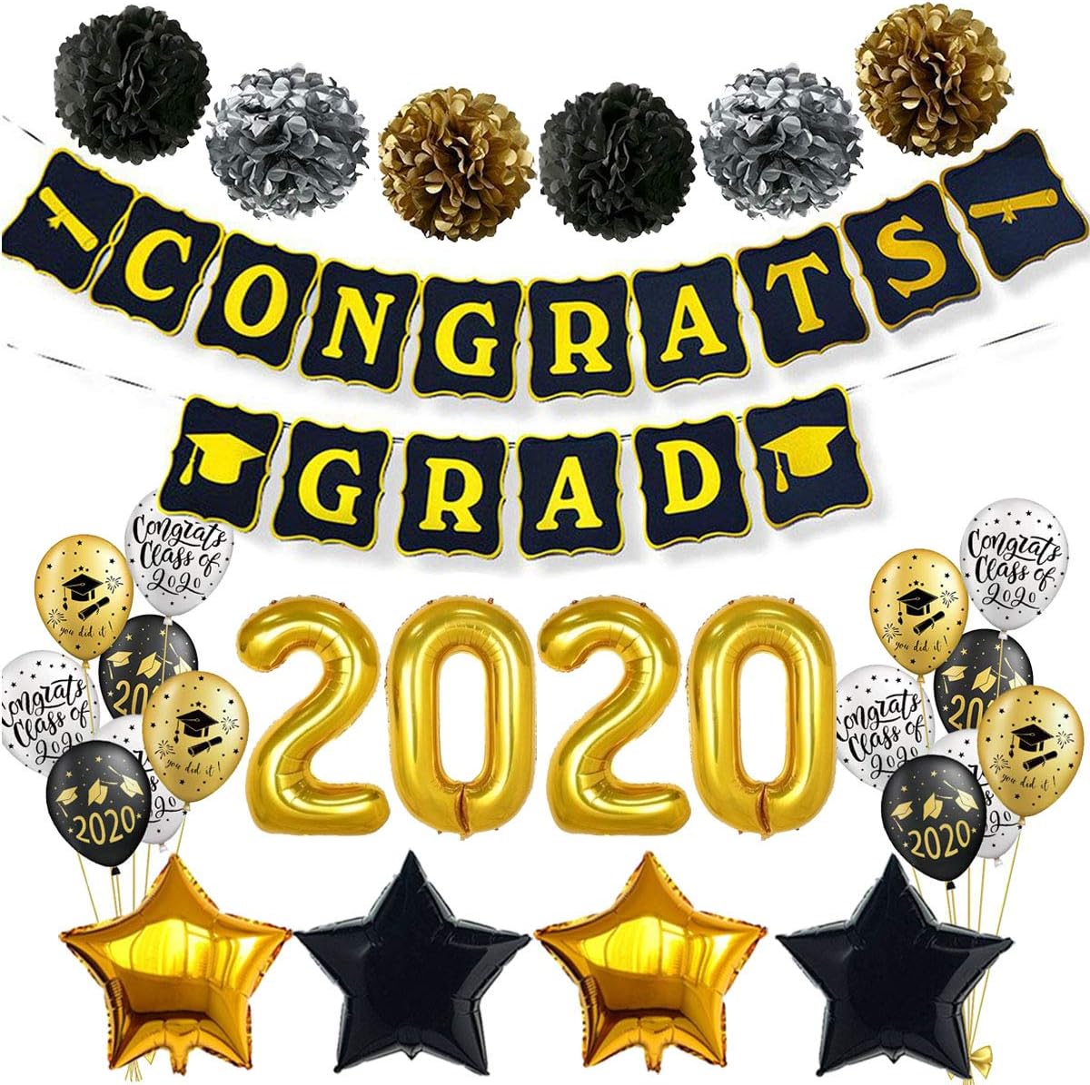 Graduation Decorations 2021, Black and Gold Congrats Grad Banner Party Supplies with 2021 Balloons, Paper Pompoms, Graduation Printed Balloons for Class of 2021 TD082