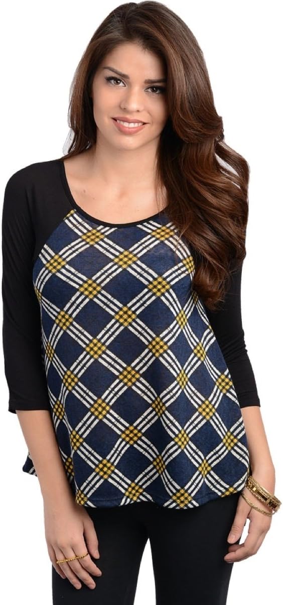 247 Frenzy Women's Checkered Contrast Raglan Sleeved Top - Navy Yellow