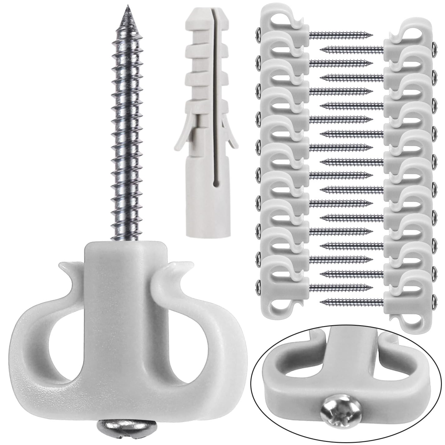 BeneLabel 20pcs Christmas Light Hook Screw-in Dual Hanger for Outdoor Garden Hanging Plant, String Wire, Cups, Kitchen Utensils with Expansion Anchor, 4.8cm / 26lbs, Grey