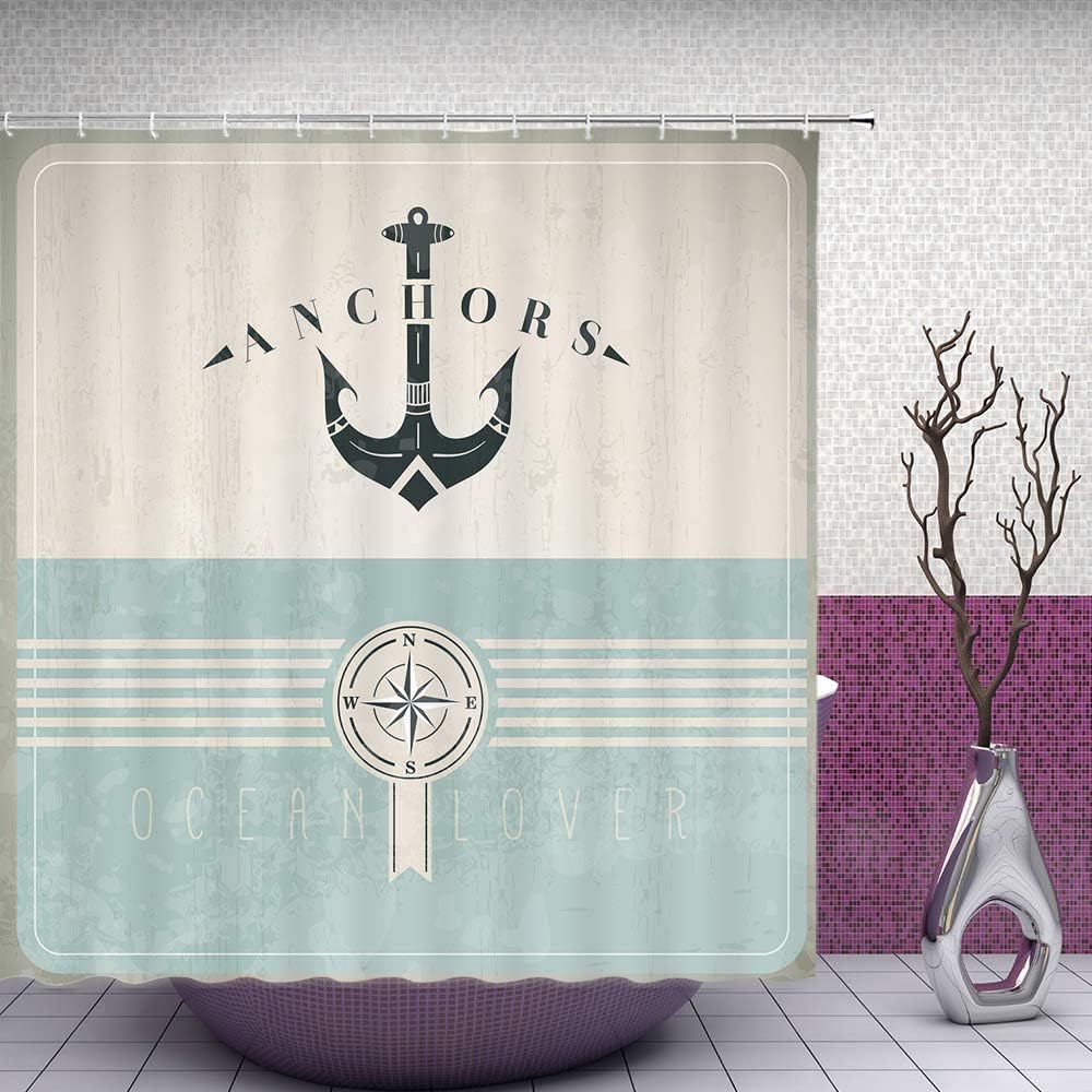 Feierman Ocean Decor Shower Curtain, Nautical Anchor Sailor Sea Directions Antiqued Theme, Polyester Fabric Bathroom Set with Hooks, Beige Turquoise and Dark Green