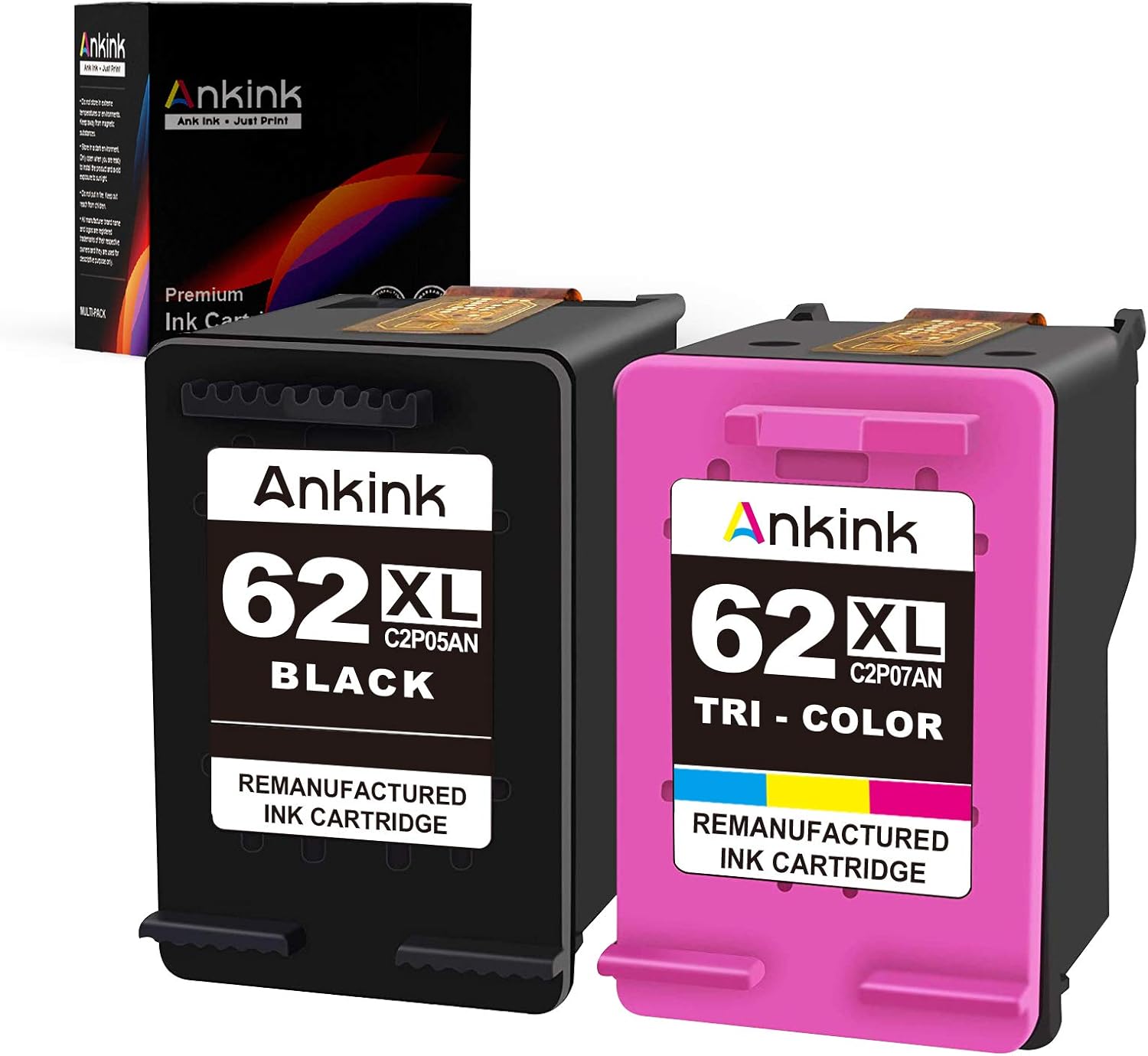 Ankink Remanufactured Ink Cartridge Replacement for HP 62XL 62 XL to use with Envy 5540 5640 5660 7644 7645 OfficeJet 200 250 5740 8040 Series Printer Black and Color(Tricolor/TRI Color) Combo 2 Pack