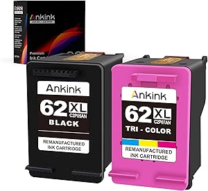 Ankink Remanufactured Ink Cartridge Replacement for HP 62XL 62 XL to use with Envy 5540 5640 5660 7644 7645 OfficeJet 200 250 5740 8040 Series Printer Black and Color(Tricolor/TRI Color) Combo 2 Pack