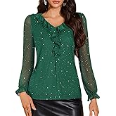 DRESSTELLS Women's Sequin Tops Ruffle V Neck Long Sleeve Double Layers Mesh Sparkly Blouses for Party