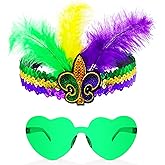 QLINLEAF Mardi Gras Fluer Di Lis Headband Feather Sequin Fascinators and Sunglasses Purple Yellow Green Masquerade Party Feather Headwear Cocktail Wedding Supplies Halloween Party Favor