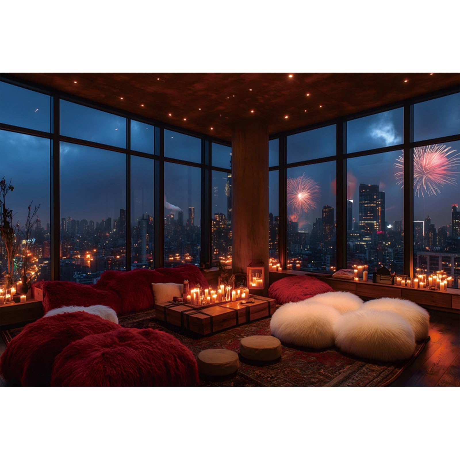 YongFoto 7x5ft New Year Photography Backdrop Indoor Soft Cushions Window View Metropolitan Nightfall Scenery Photo Background for New Year Eve Celebration Decorations Photoshoot Studio Props