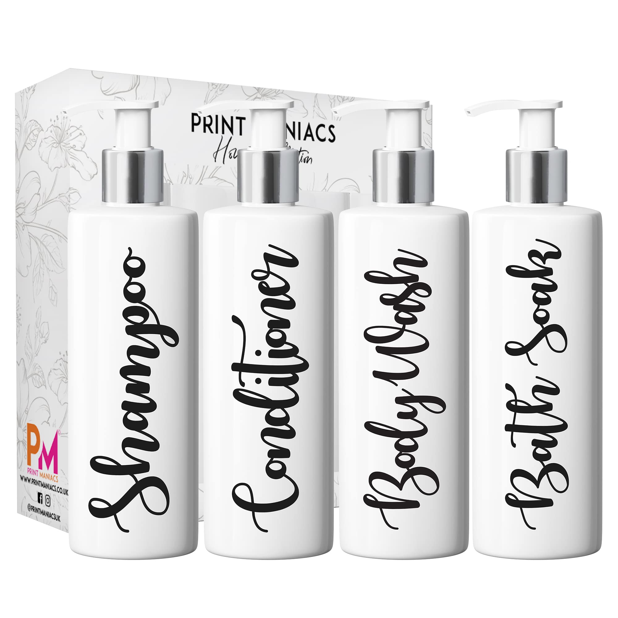 Print Maniacs Mrs Hinch Inspired White Personalised Pump Bottles Bathroom Kitchen Set Shampoo Conditioner (Black) — image 1