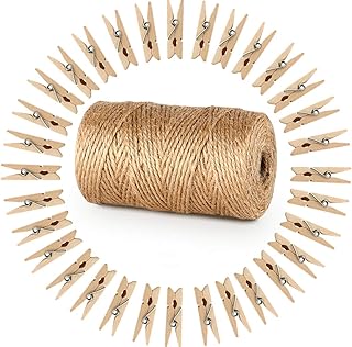 ABSOFINE Garten Kordel mit 100 Wäscheklammern Holz 3,5cm Bastelschnur Jute Kordel 100M Natur Juteschnur Clothespins Verpackung Gastgeschenk