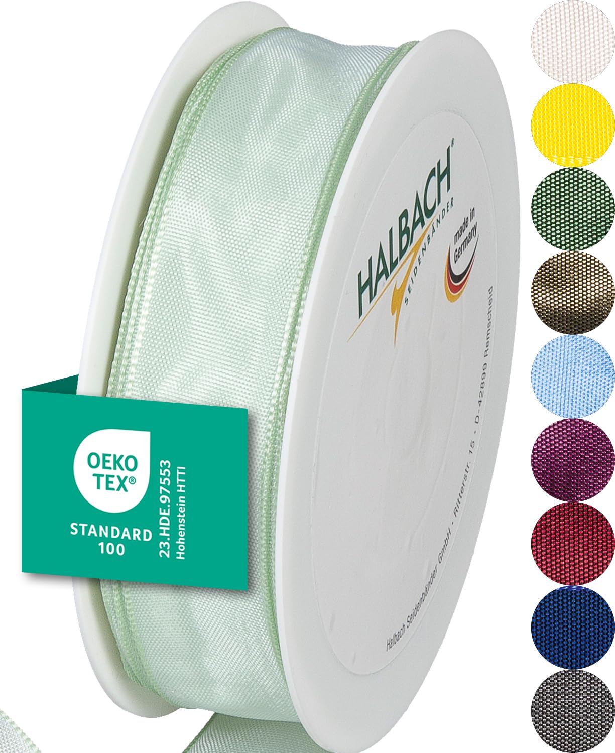 Halbach Seidenbänder Premium Gift Ribbon with Wired Edge | Width 25 mm Length 25 m | Oeko-Tex 100 Certified Taffeta Ribbon Made in Germany, Colour: Light Mint