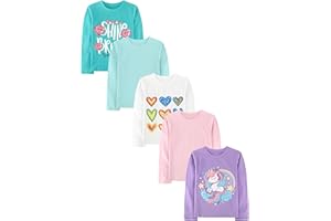 WVQ 5 Pack Girls Long Sleeve Shirts Cotton Graphic T-Shirts Tops Clothes for Kids Girls 5-12 Years