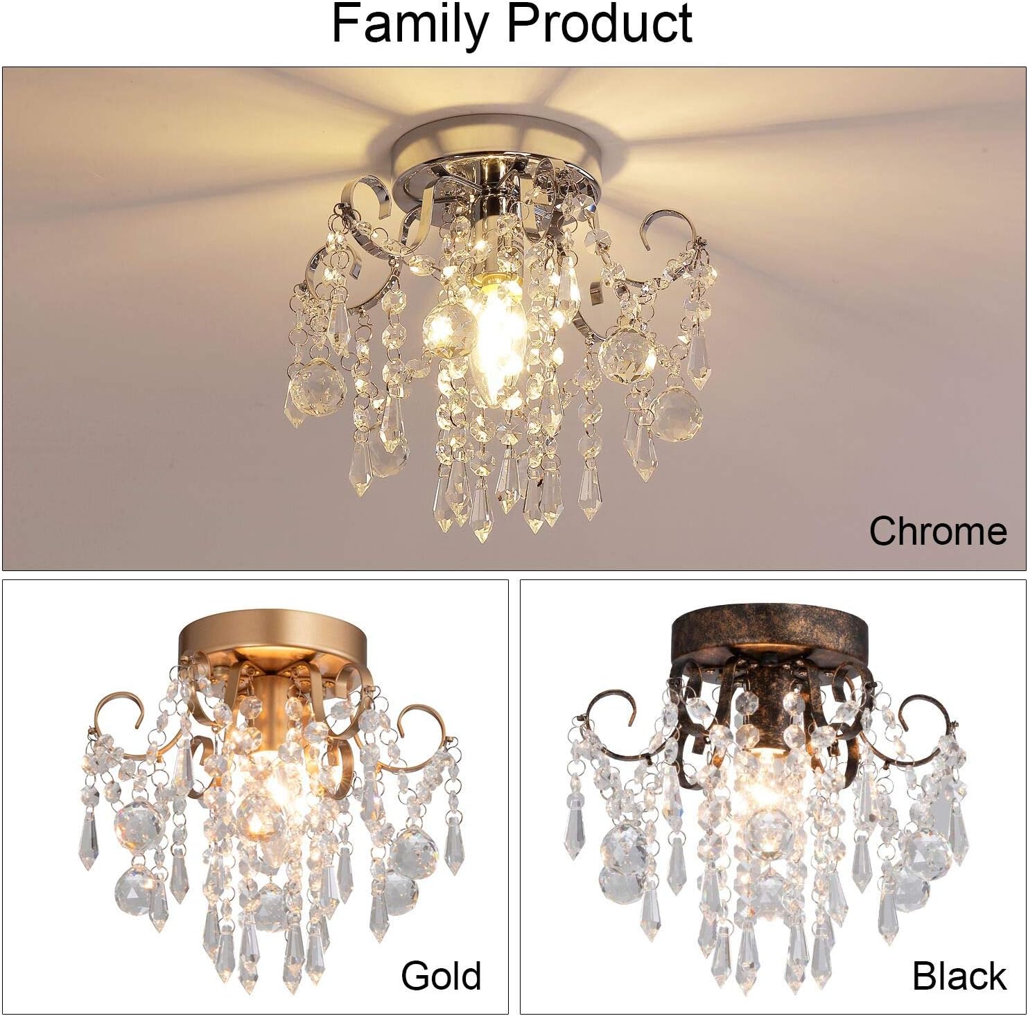 Q&S Mini Crystal Chandelier, Small Chandelier Ceiling Lights, Modern Chrome Flush Mount Ceiling Light Fixture for Hallway, Entryway, Bedroom, Foyer, Bathroom, Kitchen, W9.5",1 Light E12.: Home Improvement
