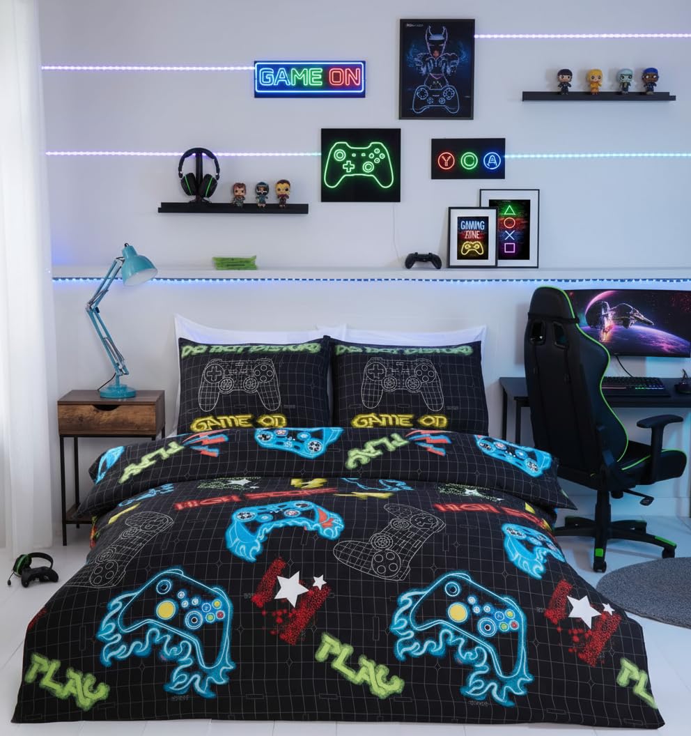 Rapport home Gamer Single Duvet Cover Set - Premium Microfibre Bedding, Vibrant Abstract Multi-Colour Design, Secure Snap Closure & Easy Care