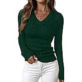 PRETTYGARDEN V Neck Cable Knit Sweaters for Women 2025 Long Sleeve Ribbed Fitted Pullover Tops Business Casual Fall Outfits