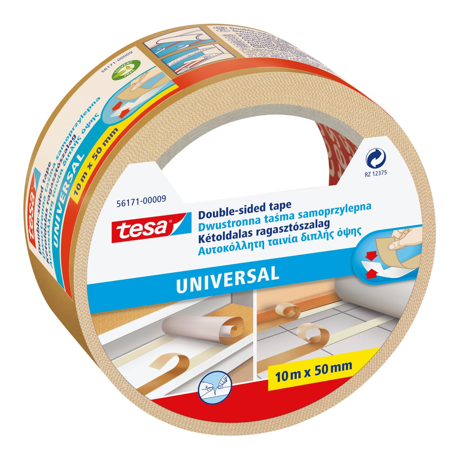 tesa Doppelseitiges Klebeband Universal - Vielseitiges Klebeband für Verpackungen, Deko und Teppiche oder zum Basteln - 10 m x 50 mm