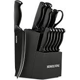 HENKELIVING 14-Piece Black Kitchen Knife Block Set with Built-In Sharpener | German high-carbon stainless steel blades, dishwasher safe, ultra-sharp edges, ergonomic non-slip handles