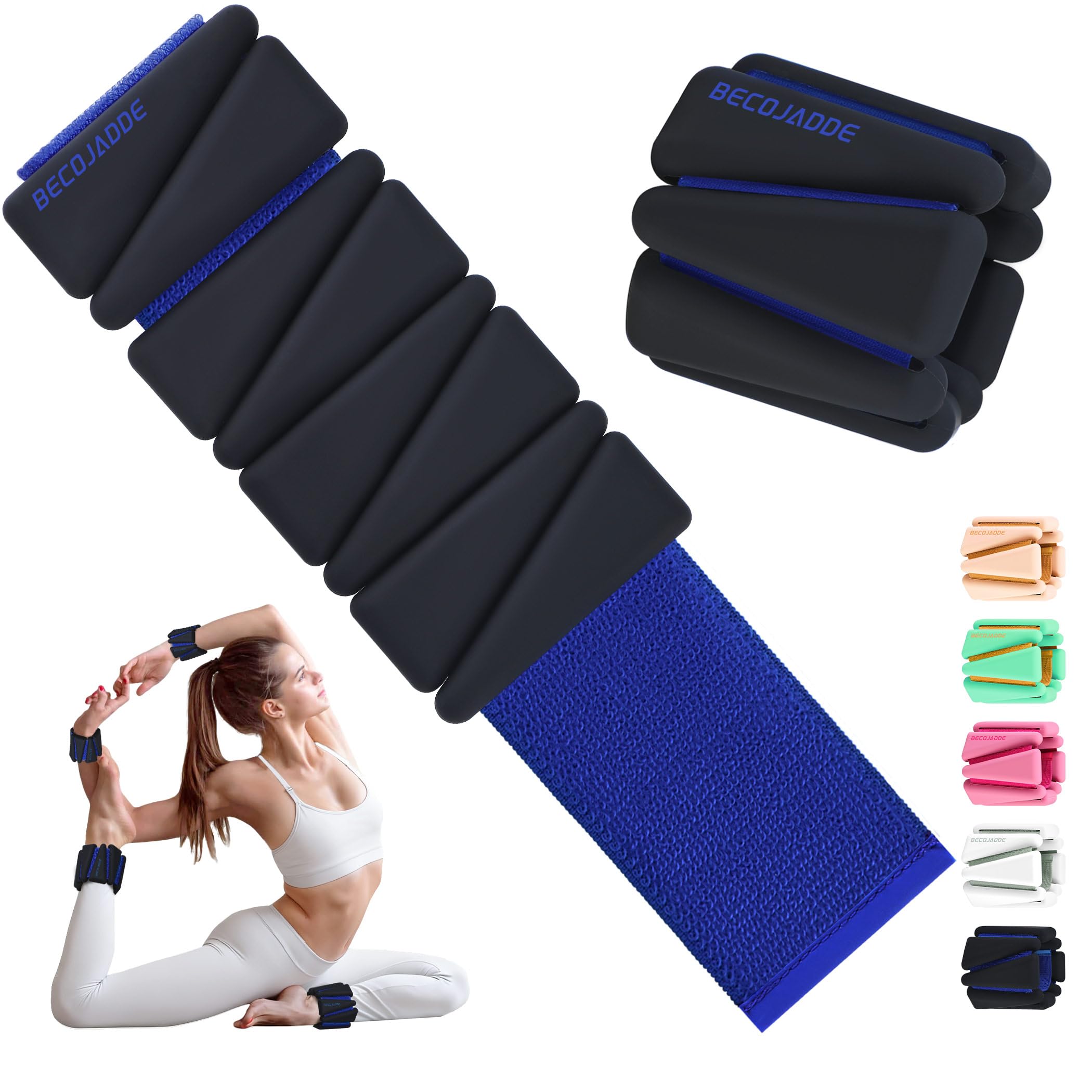 BECOJADDE Ankle Weights Set of 2 (2 lb Each) Wrist Weights for Women Men Adjustable Arm & Leg Weighted Bangles Wristbands for Home Pilates, Walking, Yoga, Workout, Pool Exercise Black Blue Image